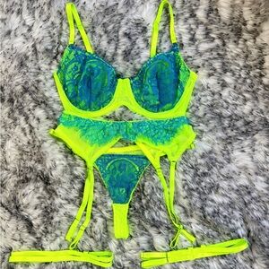 Neon Green and Blue Lace Lingerie Set